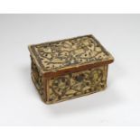 An early 18th century stump work box with floral embroidery and sequins, 9.5cm wide