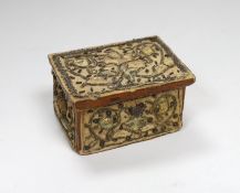 An early 18th century stump work box with floral embroidery and sequins, 9.5cm wide