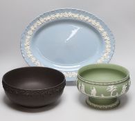 Three Wedgwood Jasperware items, platter, basalt bowl and a sacrifice bowl, largest 41cm long