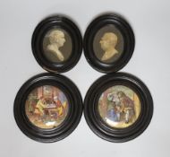 Two Victorian framed pot lids and a pair of framed portrait prints