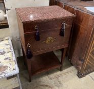 An early 20th century French marble topped bird's eye maple bedside cabinet, width 49cm, depth 36cm,