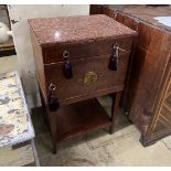 An early 20th century French marble topped bird's eye maple bedside cabinet, width 49cm, depth 36cm,