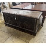 A large 17th century and later continental oak coffer (adapted), width 156cm, depth 58cm, height