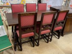 A Spanish style walnut rectangular refectory table, length 168cm, depth 84cm, height 78cm and six