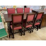 A Spanish style walnut rectangular refectory table, length 168cm, depth 84cm, height 78cm and six