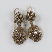 A pair of antique diamond set yellow metal drop earrings, probably Indian, 4.5cm