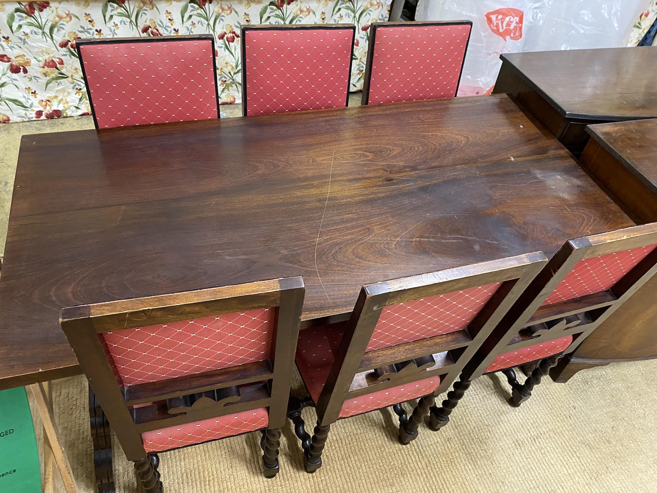 A Spanish style walnut rectangular refectory table, length 168cm, depth 84cm, height 78cm and six - Image 2 of 3