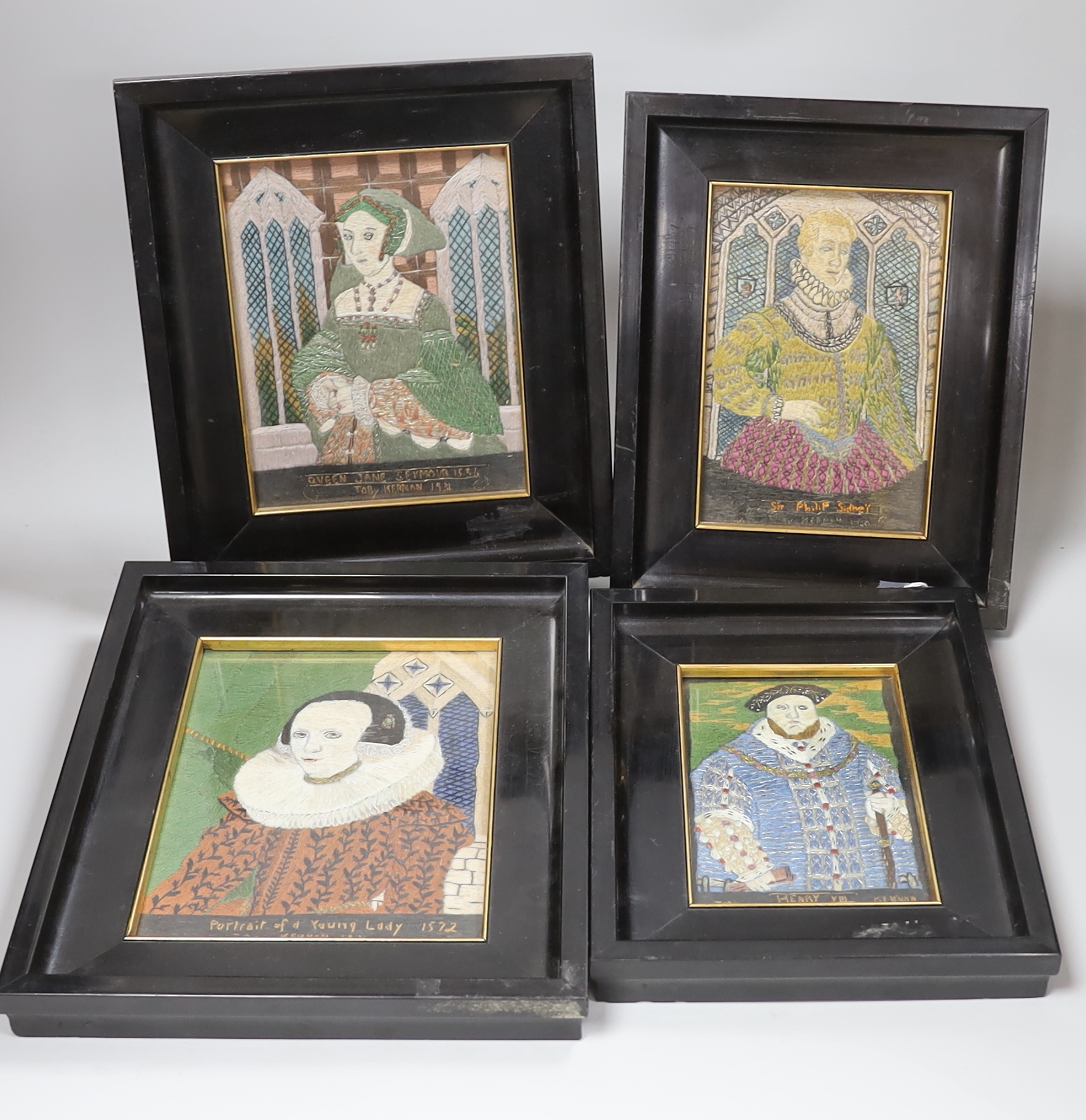 A set of four unusual framed portrait embroideries dated 1930-1931 by Toby Keenan of: Henry VIII,