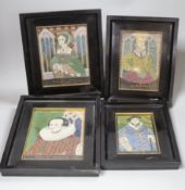 A set of four unusual framed portrait embroideries dated 1930-1931 by Toby Keenan of: Henry VIII,