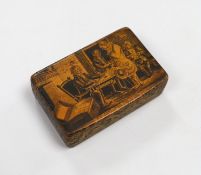 A 19th century mauchline ware penwork snuff box, depicting a rent collector in an interior and