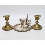 A pair of 19th century brass candlesticks and a plated chamberstick and snuffer, impressed 1611 to