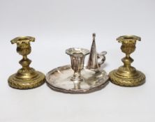 A pair of 19th century brass candlesticks and a plated chamberstick and snuffer, impressed 1611 to