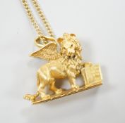 An Italian yellow metal Lion of Venice pendant, stamped '750', on chain, gross 11.3 grams