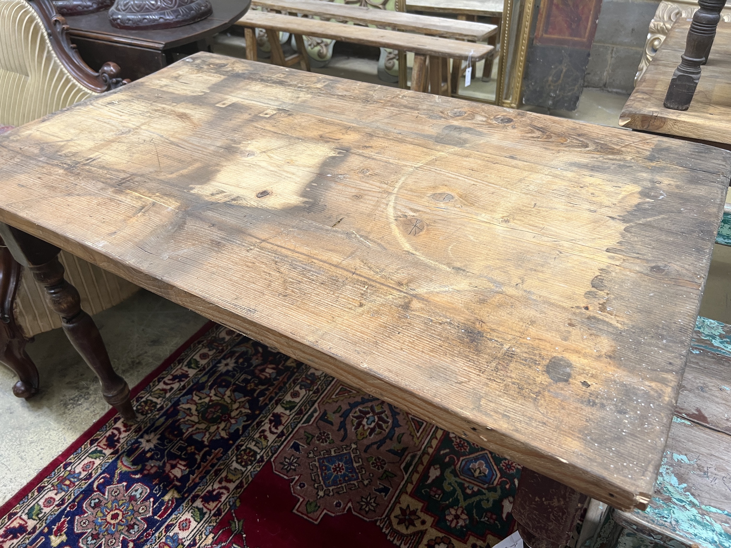 A Victorian style rectangular pine kitchen table, width 119cm, depth 69cm, height 76cm - Image 2 of 3