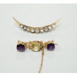 A gold and moonstone crescent shaped brooch, 4.7cm, gross 2.7 grams and an amethyst and gem set