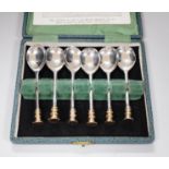 A cased set of six George VI silver Salisbury seal top spoons, with silver gilt finials, London