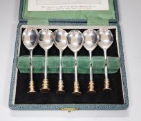 A cased set of six George VI silver Salisbury seal top spoons, with silver gilt finials, London