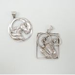 Two 1930's Danish 830 standard white metal pendants, leaf and daisy design, by Bernard Hertz, 4.25cm