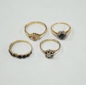 Four assorted diamond and gem set dress rings, comprising an 18ct gold sapphire and diamond cluster,