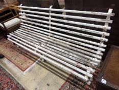 A vintage painted wrought iron slatted wood garden bench, length 198cm, depth 57cm, height 90cm
