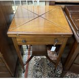 An Edwardian satinwood banded mahogany envelope card table, width 50cm, depth 50cm, height 77cm