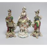 A Derby Shepherdess figure and two allegorical figures possibly Samson, tallest, 25cm