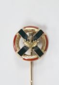 An early 20th century Scottish and gold hardstone stick pin, with St Andrew's cross and thistle, 8cm