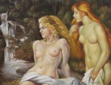 Malcolm Morris (Welsh 20th Century) oil on canvas, Two semi-nude women before a waterfall, 102 x