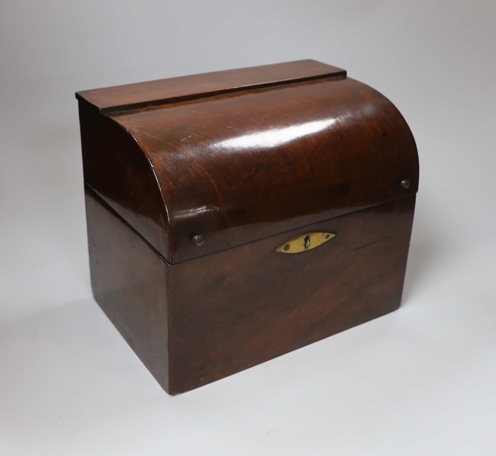 A decanter box with brass mount, possibly rosewood, six decanters and two glasses, 27cm wide