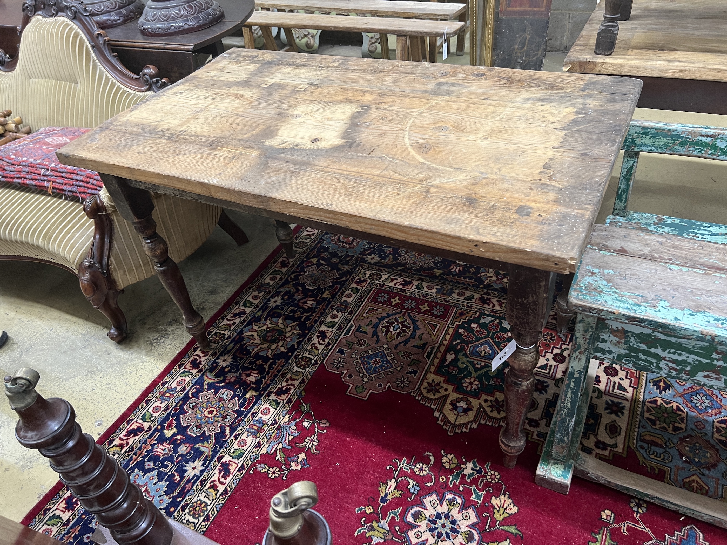 A Victorian style rectangular pine kitchen table, width 119cm, depth 69cm, height 76cm - Image 3 of 3