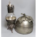 A claret jug (brandy warmer) with stand and burner and a Chinese fruit box, tallest 40cm