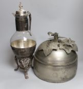 A claret jug (brandy warmer) with stand and burner and a Chinese fruit box, tallest 40cm