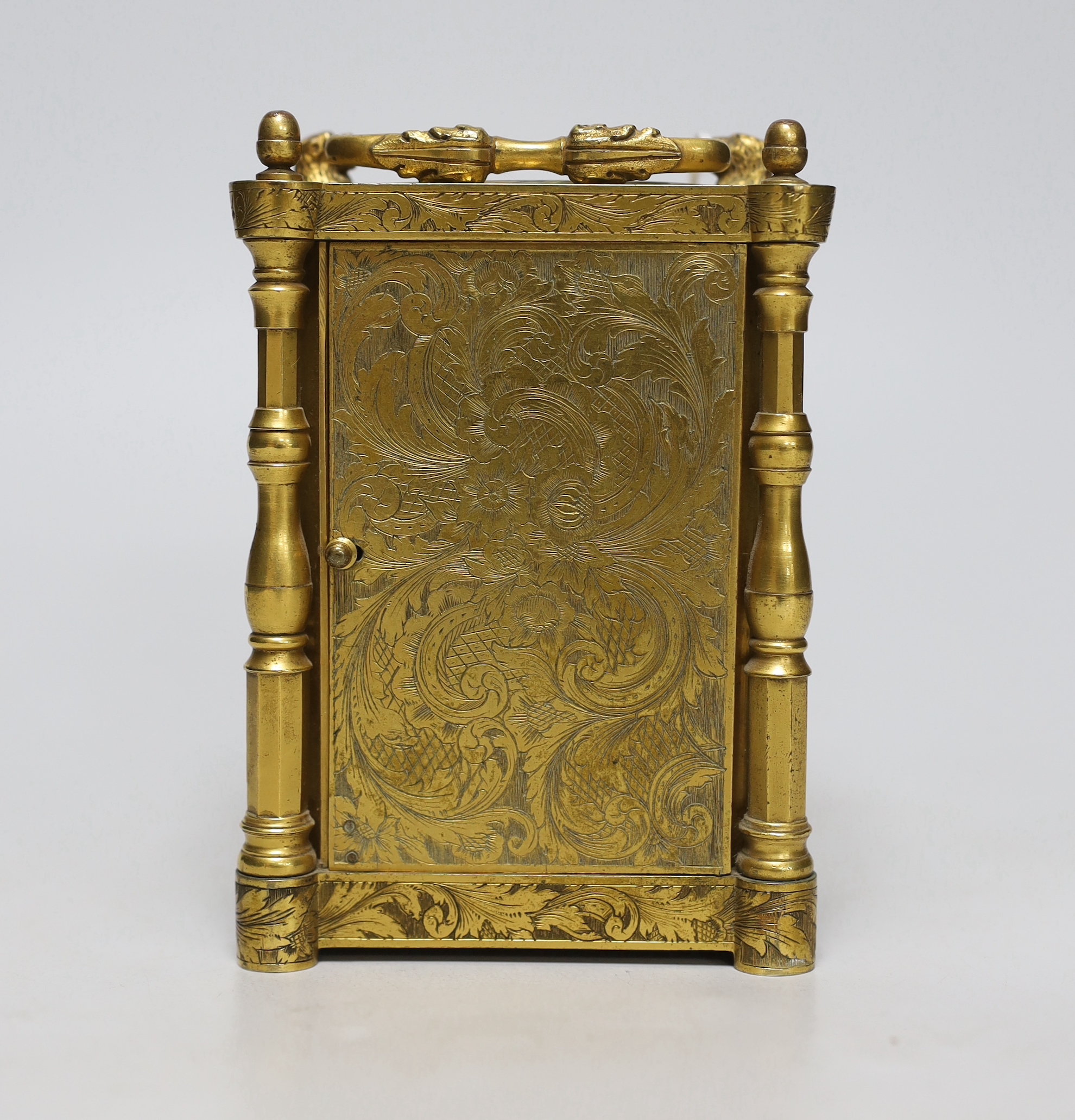 A mid 19th century French engraved gilt brass carriage clock, with tooled leather case, 16cm high - Image 3 of 6