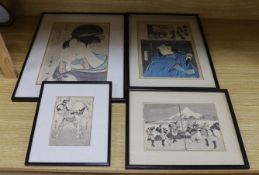 Four Japanese woodblock prints including a Japanese woodblock example after Toyohara Kunichika,