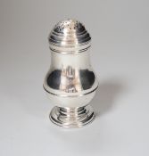 A George I Britannia standard silver baluster muffineer, makers mark rubbed, London 1721, 8.5cm,