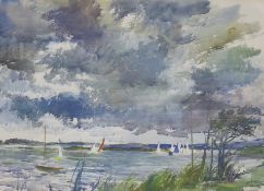 Charles Mozley (1915-1991) watercolour on paper, Coastal scene with yachts, label verso, 74 x 55cm