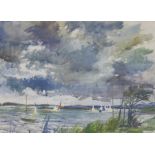 Charles Mozley (1915-1991) watercolour on paper, Coastal scene with yachts, label verso, 74 x 55cm