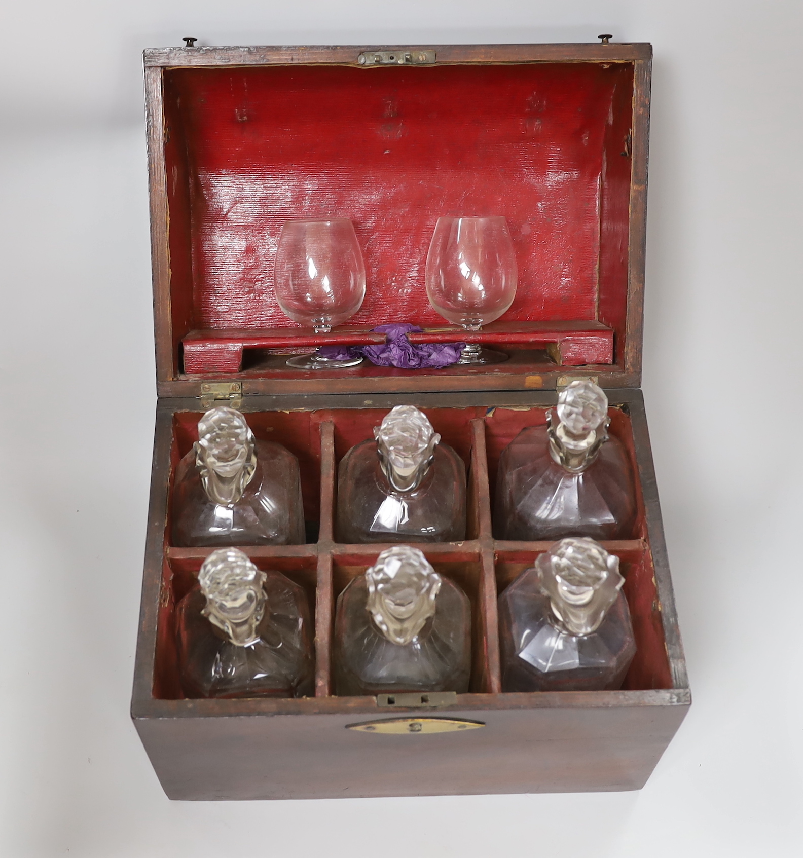 A decanter box with brass mount, possibly rosewood, six decanters and two glasses, 27cm wide - Image 2 of 3