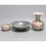 Three hand thrown and carved stoneware pieces by one maker purchased at Water Perry, Oxford, each