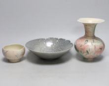 Three hand thrown and carved stoneware pieces by one maker purchased at Water Perry, Oxford, each