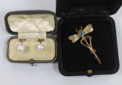 A 9ct gold gem set dragonfly brooch, 4.75cm, gross 3.2 grams and a pair of cultured pearl ear studs,
