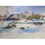Charles Mozley (1915-1991), gouache on paper, Continental river landscape with buildings, signed, 75