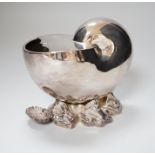A Victorian silver plated nautilus shell spoon warmer, with rubbed crest and naturalistic base,