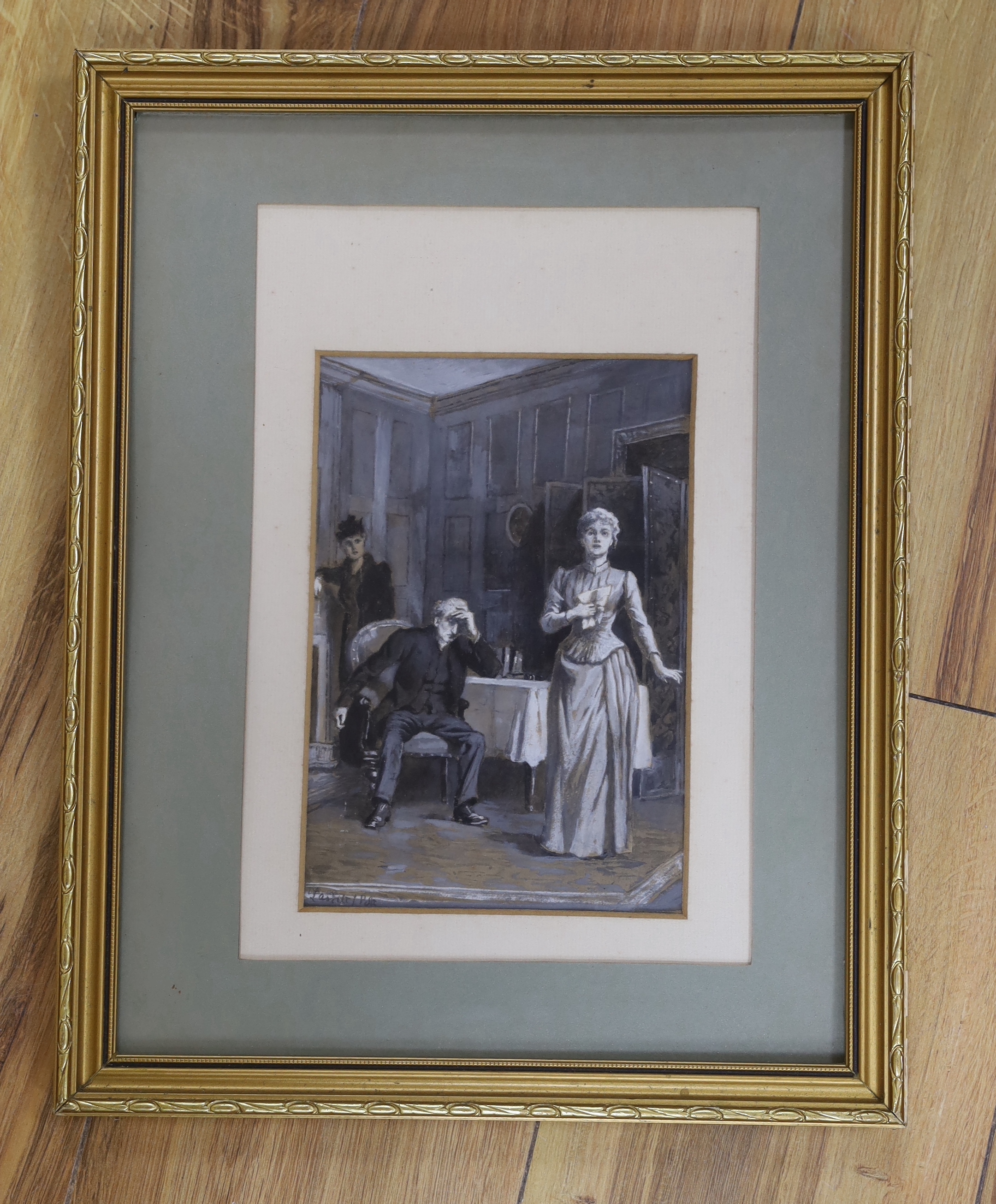 19th century English School, heightened monochrome watercolour, book illustration Three figures in - Image 2 of 3