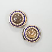 A pair of George III gold, enamel and pearl set clasps, each with differing hairwork inset and