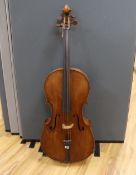 An early 20th century cello, back measures 76cm