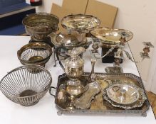 A quantity of mixed plate including a tray two baskets, candelabra , Tarzan etc