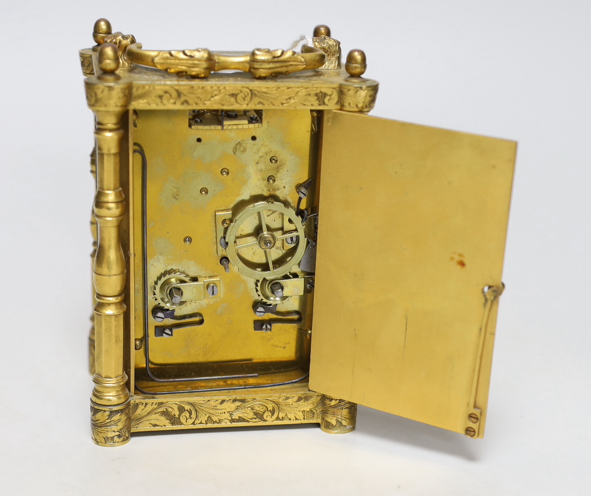 A mid 19th century French engraved gilt brass carriage clock, with tooled leather case, 16cm high - Image 4 of 6