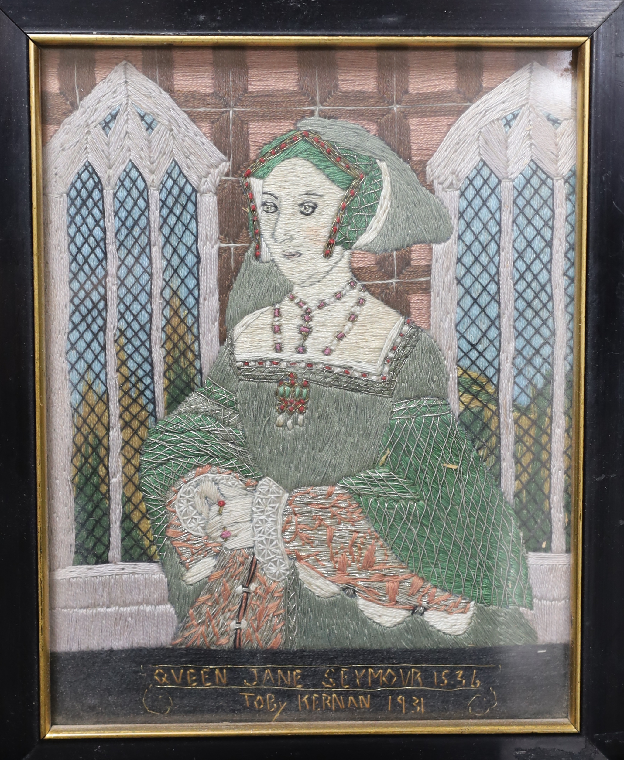 A set of four unusual framed portrait embroideries dated 1930-1931 by Toby Keenan of: Henry VIII, - Image 4 of 5