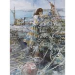 Gordon King (b.1939), watercolour, Harbour scene with fisherwoman, signed, 37 x 27cm